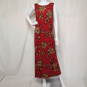90s Dark Reddish Orange, Yellow, & Brown Floral Sleeveless Muumuu Maxi Sundress